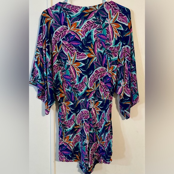Lulus Hypnotized Purple Gauzy Tropical Print Faux Wrap Romper w Kimono Sleeves - Picture 7 of 11